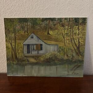 Vintage Oil Painting High Tide on Drift Creek Oregon Signed B. Lee 16x12 Cabin